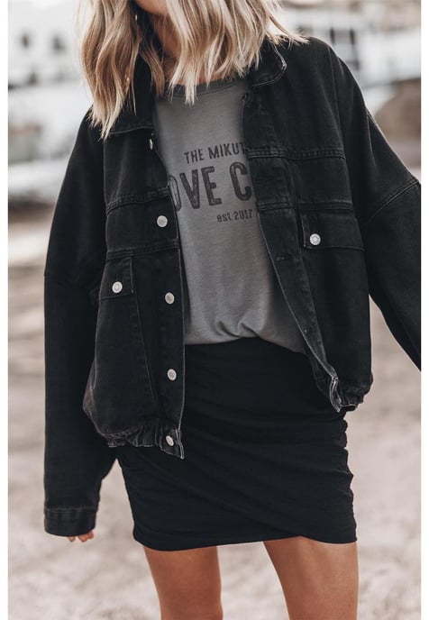 Svart Metal Knappar Flappficka Drop Shoulder Jeansjacka - Image 1