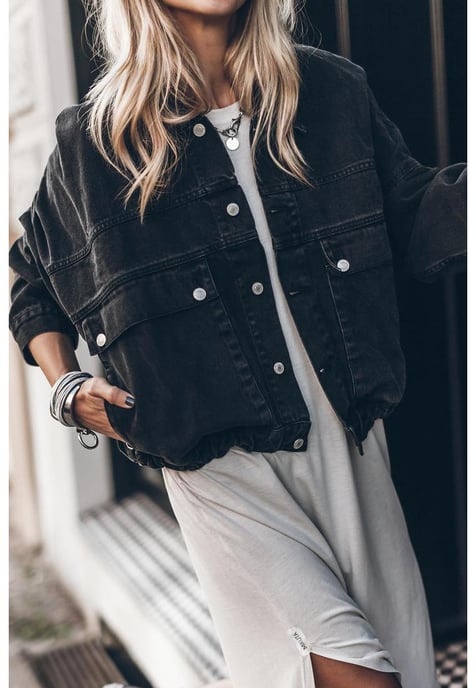 Svart Metal Knappar Flappficka Drop Shoulder Jeansjacka - Image 4