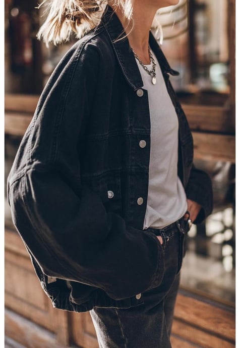Svart Metal Knappar Flappficka Drop Shoulder Jeansjacka - Image 5