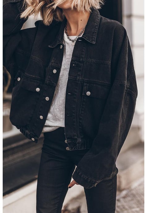 Svart Metal Knappar Flappficka Drop Shoulder Jeansjacka - Image 6