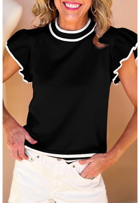 Black Edge Piping Ruffled Sleeve Round Neck Knit T Shirt - Image 1