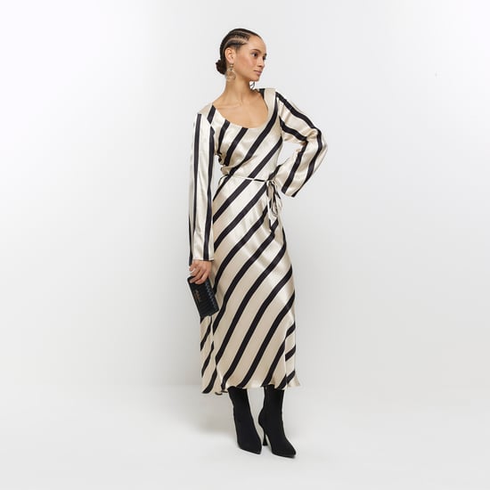 River Island Womens Slip Midi Dress White Satin Stripe Belted - Image 5