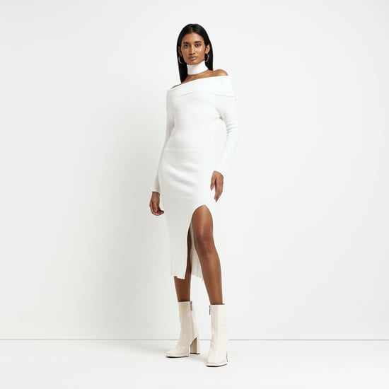River Island Womens Bodycon Midi Dress Cream Knit Bardot - Image 1