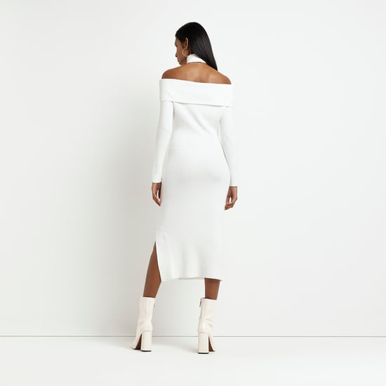 River Island Womens Bodycon Midi Dress Cream Knit Bardot - Image 3