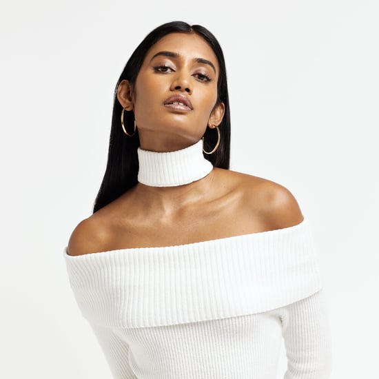 River Island Womens Bodycon Midi Dress Cream Knit Bardot - Image 5