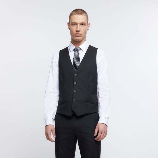 River Island Mens Twill Waistcoat Black Skinny Fit - Image 1