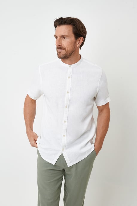 White Grandad Collar Linen Blend Short Sleeve Shirt - Image 1