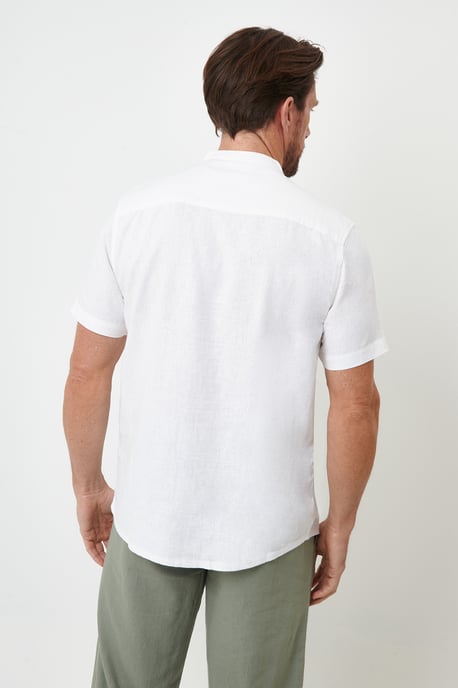 White Grandad Collar Linen Blend Short Sleeve Shirt - Image 2
