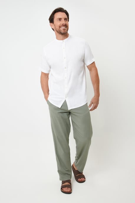 White Grandad Collar Linen Blend Short Sleeve Shirt - Image 3