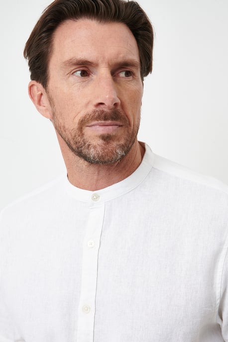 White Grandad Collar Linen Blend Short Sleeve Shirt - Image 4