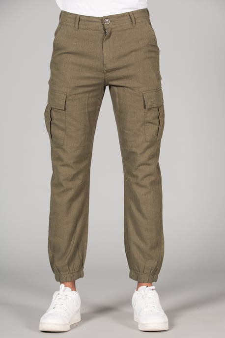 Olive Linen Blend Cargo-Style Trousers - Image 1