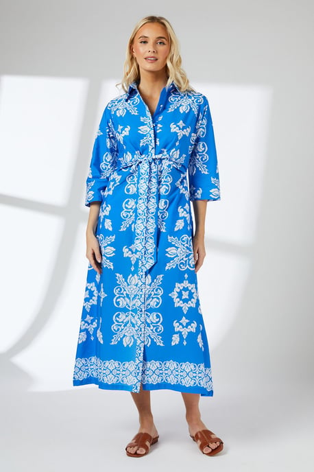 Blue Tile Print Tie Front Midi Shirt Dress - Image 1