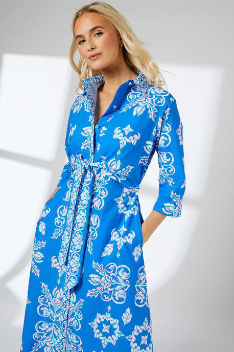 Blue Tile Print Tie Front Midi Shirt Dress - Image 2