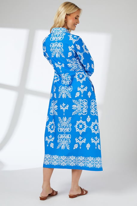 Blue Tile Print Tie Front Midi Shirt Dress - Image 3