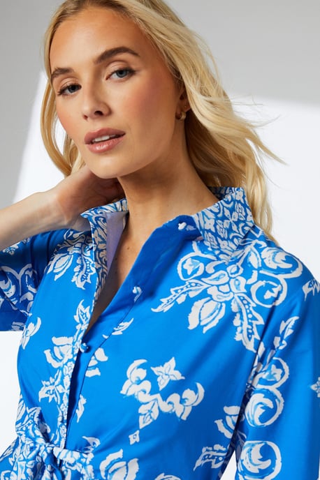 Blue Tile Print Tie Front Midi Shirt Dress - Image 4