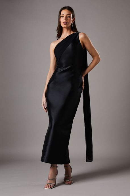 One Shoulder Twill Gown With Diamante Brooch - Image 1