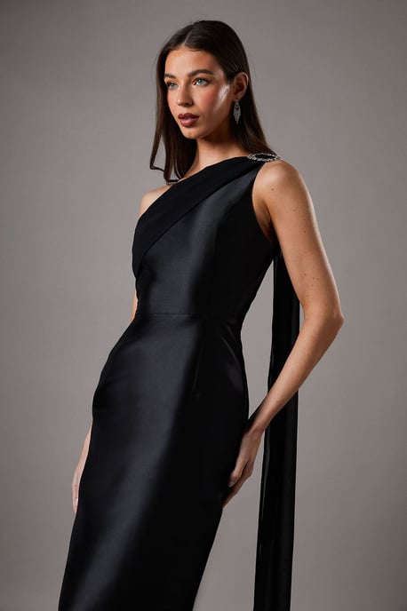 One Shoulder Twill Gown With Diamante Brooch - Image 2
