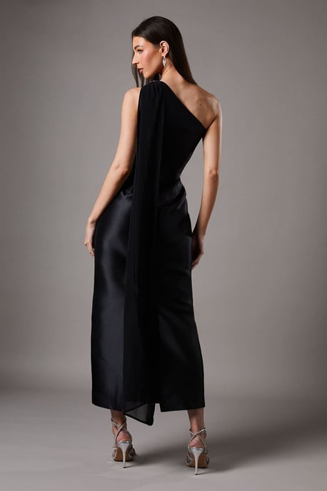 One Shoulder Twill Gown With Diamante Brooch - Image 3