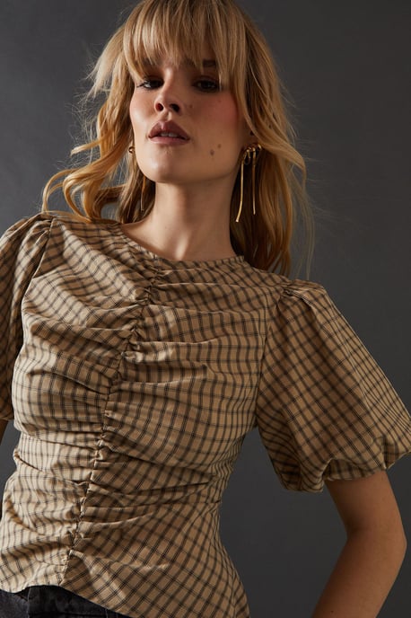 Check Ruched Front Puff Sleeve Top - Image 2