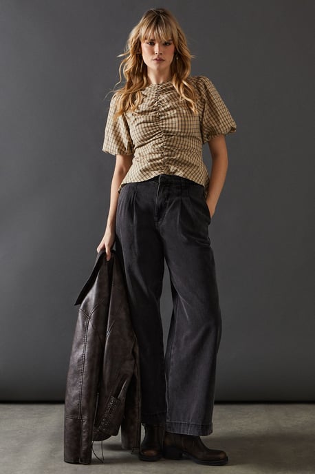 Check Ruched Front Puff Sleeve Top - Image 4