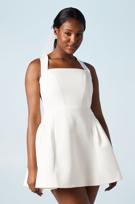 Drop Waist Bow Back Structured Crepe Bridal Mini Dress - Image 1