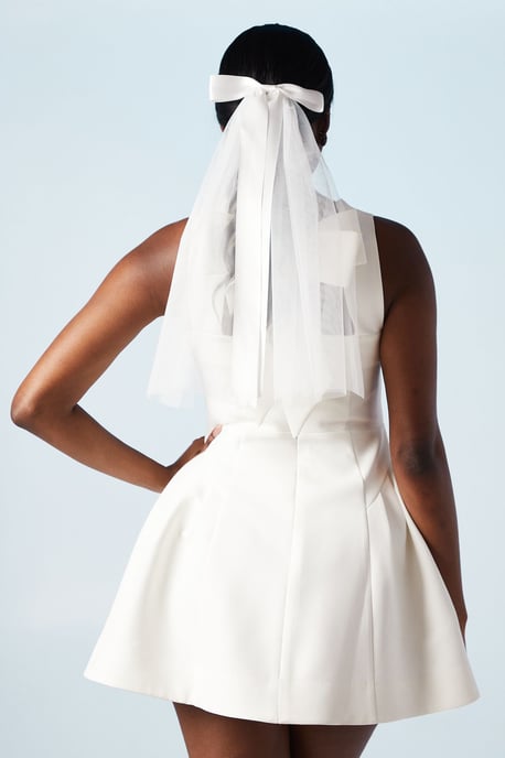 Drop Waist Bow Back Structured Crepe Bridal Mini Dress - Image 3