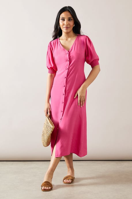 Petite Pink Button Through Viscose Midi Dress - Image 1
