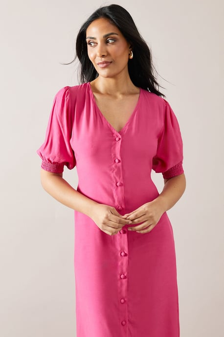 Petite Pink Button Through Viscose Midi Dress - Image 2