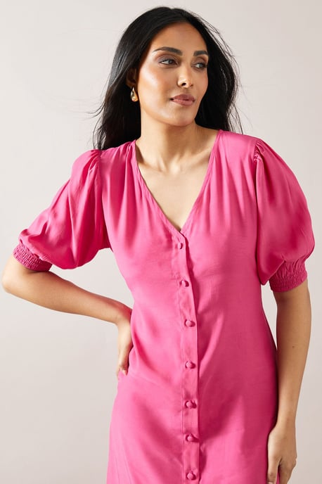Petite Pink Button Through Viscose Midi Dress - Image 3