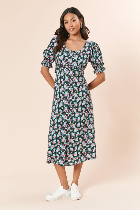 Floral Button Front Puff Sleeve Midi Dress - Image 1