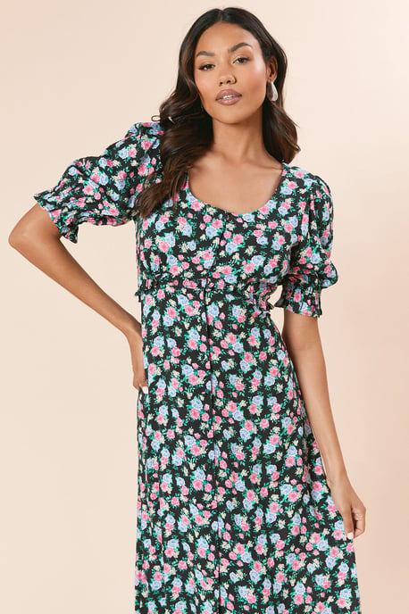 Floral Button Front Puff Sleeve Midi Dress - Image 2