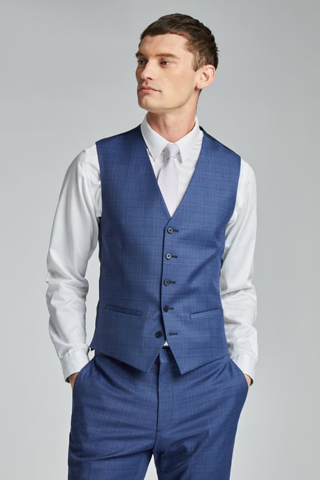Volan Blue Subtle Check Slim Waistcoat - Image 1