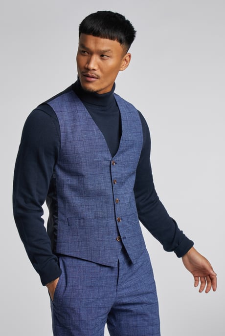 Mid Blue Check Linen Waistcoat - Image 1