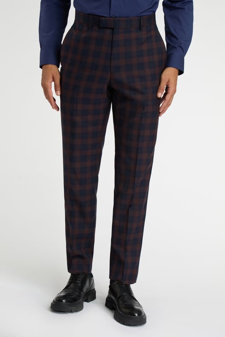Regular Fit Navy Burgundy Check Trousers - Image 1