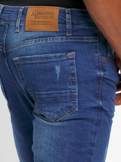 A. Salvarini Men's Basic Stretch Slim Fit Stretch Jeans 5-Pocket - Blue Used-Look - Image 4