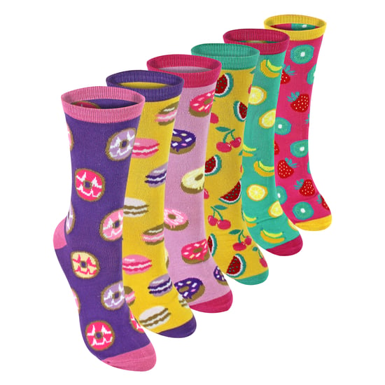6 Pack Ladies Novelty Food Design Socks | Fun Colourful Bamboo Socks - Image 1
