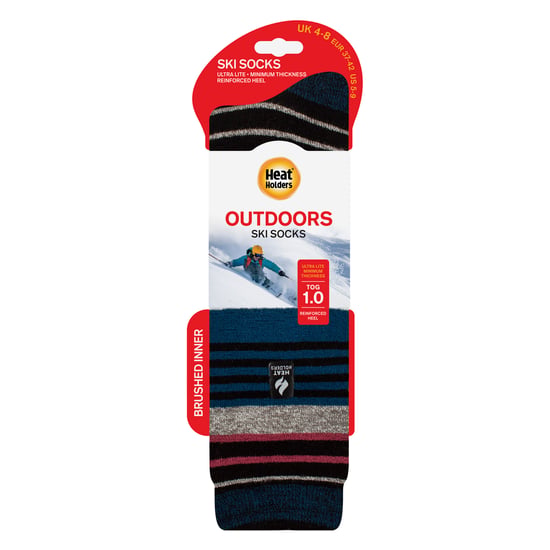 Ladies Ultra Lite Thin Thermal Winter Ski Socks with Stripes - Image 2