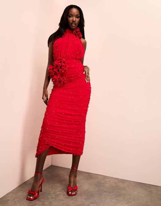 ASOS LUXE pearl embellished corsage halter midi dress in red - Image 1