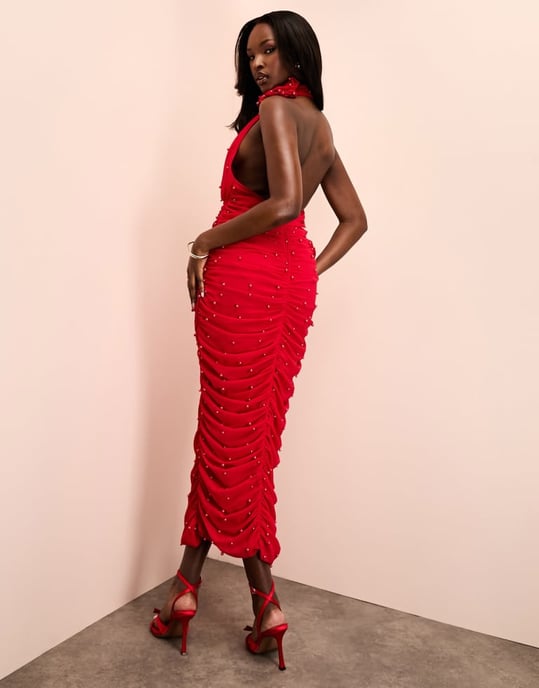ASOS LUXE pearl embellished corsage halter midi dress in red - Image 3