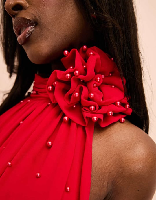 ASOS LUXE pearl embellished corsage halter midi dress in red - Image 4