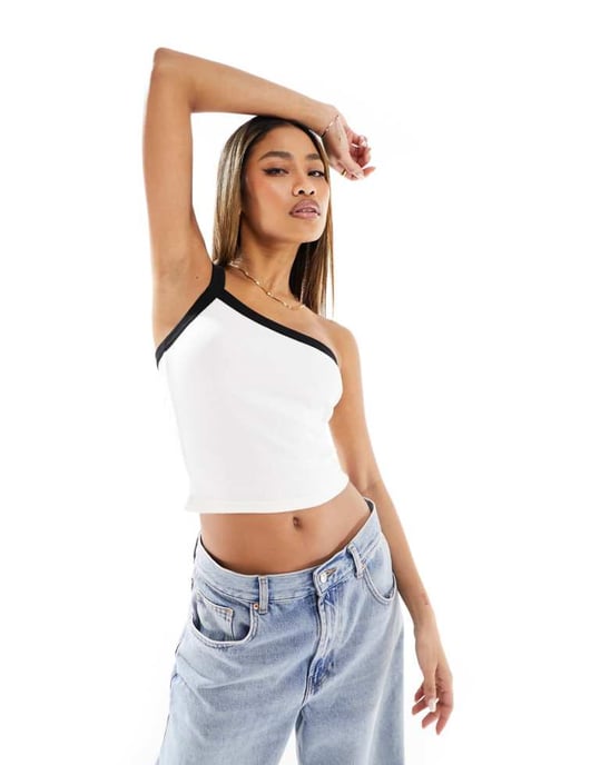 Kaiia ribbed one shoulder contrast trim top in white and black - Image 1