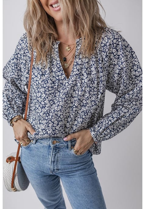 Blue Floral Print Notched V Neck Puff Sleeve Blouse - Image 1