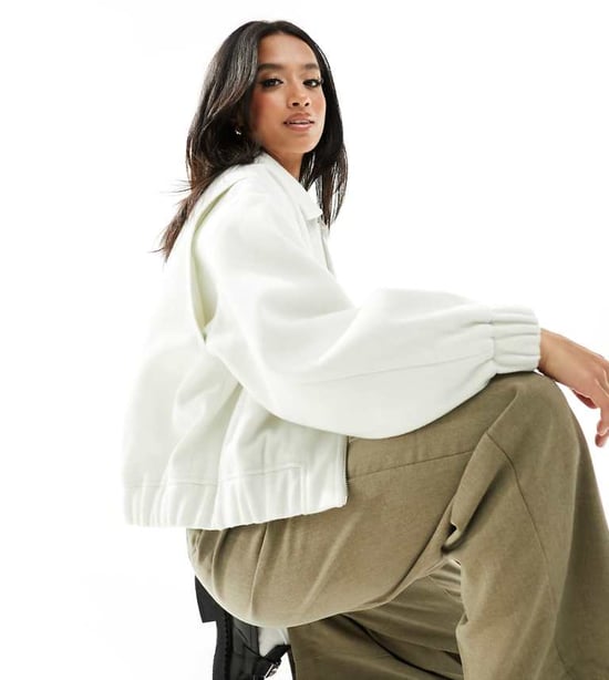 712 Asos ASOS DESIGN Petite textured bomber jacket with collar detail in ecru-White
