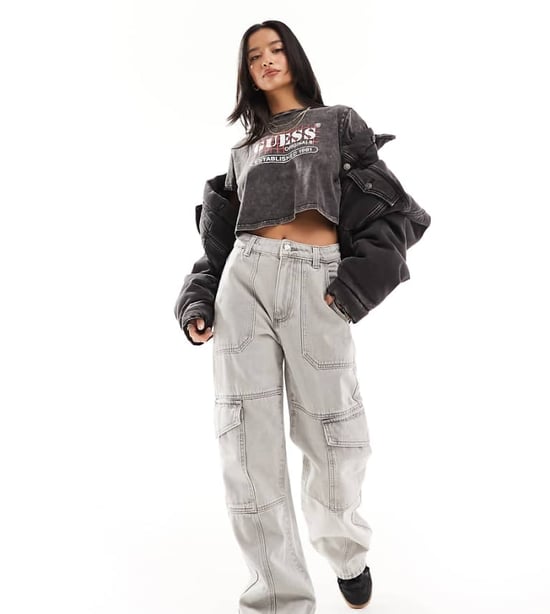 Miss Selfridge Petite baggy cargo jean in light grey wash - Image 1