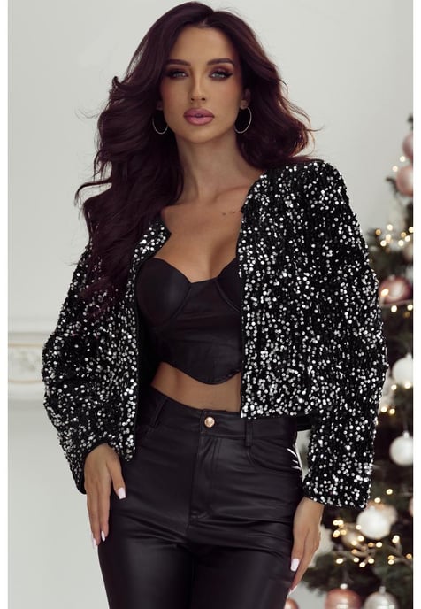 Black Sequined Open Front Cropped Jacket - Image 1