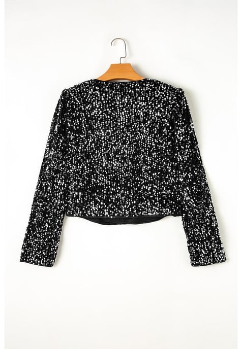 Black Sequined Open Front Cropped Jacket - Image 2