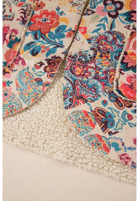 Beige Vintage Paisley Blommönstrad Sherpa Fodrad Huvtröja - Image 2