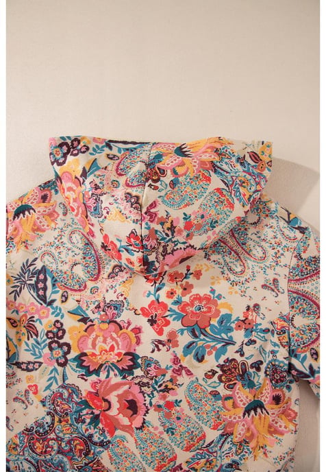 Beige Vintage Paisley Blommönstrad Sherpa Fodrad Huvtröja - Image 3