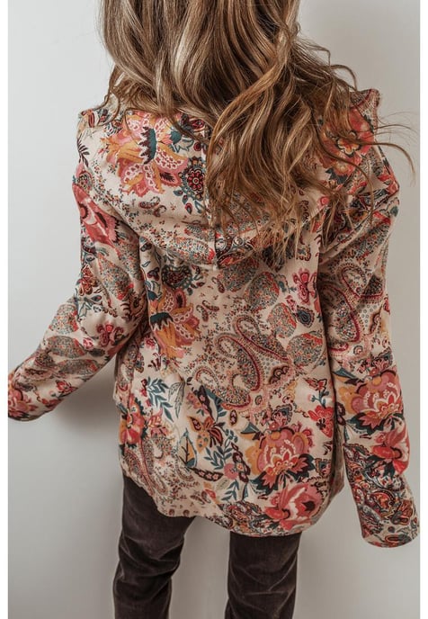 Beige Vintage Paisley Blommönstrad Sherpa Fodrad Huvtröja - Image 4