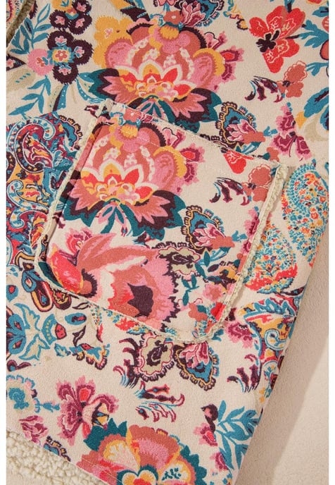 Beige Vintage Paisley Blommönstrad Sherpa Fodrad Huvtröja - Image 5
